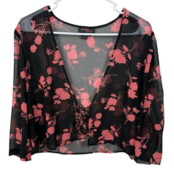Cynthia Howie Sheer Black & Coral 100% Silk Floral Tie‑Front Crop Wrap - Picture 1 of 7